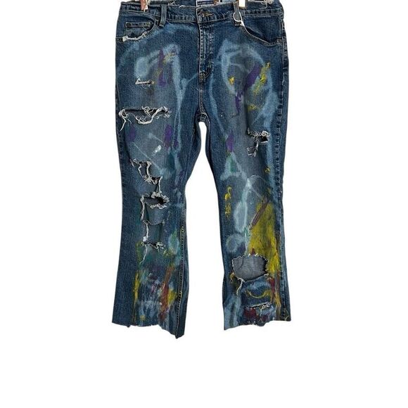 Old Navy Denim Distressed Painting Stretch Bootcut Jeans Blue Size 14 Short - Picture 1 of 7